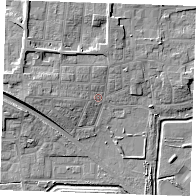 Shaded relief map of the ground around RM176LA, computed from Environment Agency LiDAR. The ground here sits at about 4 m above sea level and falls 13 m across the surrounding 800 m. Surface water reaching this point runs off ground lying to the west, 7.3 m higher.