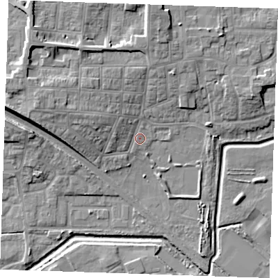 Shaded relief map of the ground around RM176LB, computed from Environment Agency LiDAR. The ground here sits at about 3 m above sea level and falls 12 m across the surrounding 800 m. Surface water reaching this point runs off ground lying to the west-north-west, 5.3 m higher.