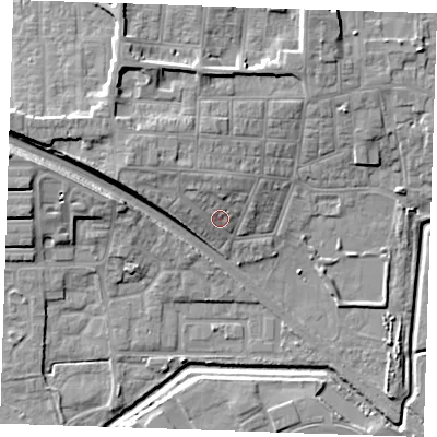 Shaded relief map of the ground around RM176LD, computed from Environment Agency LiDAR. The ground here sits at about 6 m above sea level and falls 13 m across the surrounding 800 m. Surface water reaching this point runs off ground lying to the north-west, 6.1 m higher.