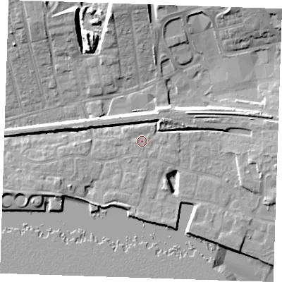 Shaded relief map of the ground around RM176LE, computed from Environment Agency LiDAR. The ground here sits at about 5 m above sea level and falls 14 m across the surrounding 800 m. Surface water reaching this point runs off ground lying to the east, 1.0 m higher.