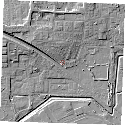 Shaded relief map of the ground around RM176LH, computed from Environment Agency LiDAR. The ground here sits at about 4 m above sea level and falls 13 m across the surrounding 800 m. Surface water reaching this point runs off ground lying to the north-west, 8.0 m higher.