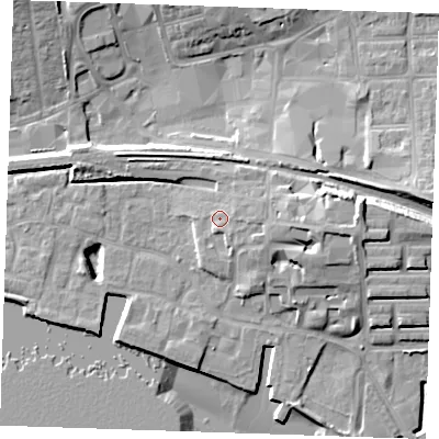 Shaded relief map of the ground around RM176LN, computed from Environment Agency LiDAR. The ground here sits at about 8 m above sea level and falls 15 m across the surrounding 800 m. Surface water reaching this point runs off ground lying to the east, 3.1 m higher.