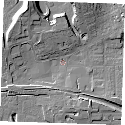 Shaded relief map of the ground around RM176LU, computed from Environment Agency LiDAR. The ground here sits at about 4 m above sea level and falls 17 m across the surrounding 800 m. Surface water reaching this point runs off ground lying to the north-north-east, 13.4 m higher.