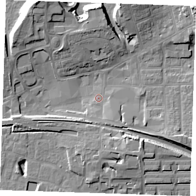 Shaded relief map of the ground around RM176LX, computed from Environment Agency LiDAR. The ground here sits at about 4 m above sea level and falls 16 m across the surrounding 800 m. Surface water reaching this point runs off ground lying to the south-south-east, 8.9 m higher.