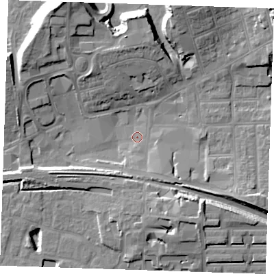 Shaded relief map of the ground around RM176LY, computed from Environment Agency LiDAR. The ground here sits at about 4 m above sea level and falls 17 m across the surrounding 800 m. Surface water reaching this point runs off ground lying to the south-south-east, 9.1 m higher.