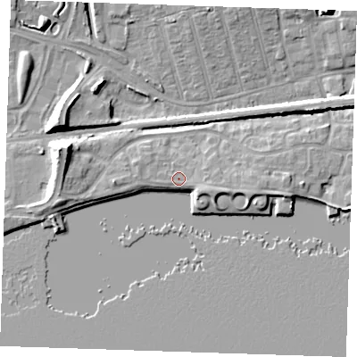Shaded relief map of the ground around RM176LZ, computed from Environment Agency LiDAR. The ground here sits at about 6 m above sea level and falls 11 m across the surrounding 800 m. Surface water reaching this point runs off ground lying to the east-south-east, 1.8 m higher.