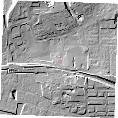 Shaded relief map of the ground around RM176NA, computed from Environment Agency LiDAR. The ground here sits at about 5 m above sea level and falls 14 m across the surrounding 800 m. Surface water reaching this point runs off ground lying to the south-east, 3.9 m higher.