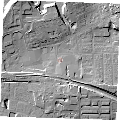 Shaded relief map of the ground around RM176NB, computed from Environment Agency LiDAR. The ground here sits at about 5 m above sea level and falls 16 m across the surrounding 800 m. Surface water reaching this point runs off ground lying to the south, 4.7 m higher.