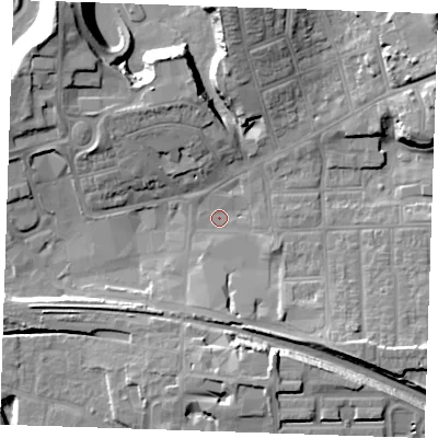 Shaded relief map of the ground around RM176NE, computed from Environment Agency LiDAR. The ground here sits at about 4 m above sea level and falls 23 m across the surrounding 800 m. Surface water reaching this point runs off ground lying to the north-east, 20.0 m higher.