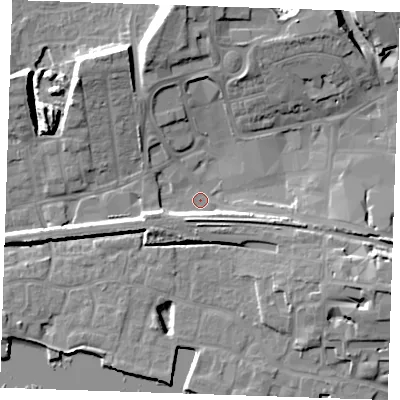 Shaded relief map of the ground around RM176NF, computed from Environment Agency LiDAR. The ground here sits at about 3 m above sea level and falls 13 m across the surrounding 800 m. Surface water reaching this point runs off ground lying to the east-south-east, 9.2 m higher.