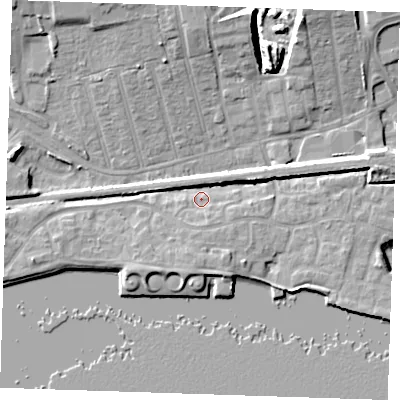 Shaded relief map of the ground around RM176PB, computed from Environment Agency LiDAR. The ground here sits at about 4 m above sea level and falls 12 m across the surrounding 800 m. Surface water reaching this point runs off ground lying to the south-west, 5.7 m higher.