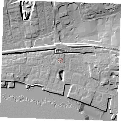 Shaded relief map of the ground around RM176PD, computed from Environment Agency LiDAR. The ground here sits at about 5 m above sea level and falls 14 m across the surrounding 800 m. The ground contributing surface water to this point lies to the east.