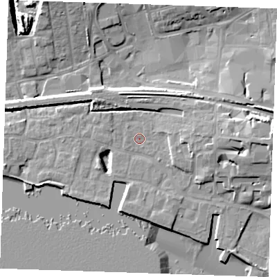 Shaded relief map of the ground around RM176PE, computed from Environment Agency LiDAR. The ground here sits at about 4 m above sea level and falls 15 m across the surrounding 800 m. Surface water reaching this point runs off ground lying to the east, 8.6 m higher.