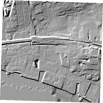 Shaded relief map of the ground around RM176PF, computed from Environment Agency LiDAR. The ground here sits at about 4 m above sea level and falls 15 m across the surrounding 800 m. Surface water reaching this point runs off ground lying to the east, 8.6 m higher.
