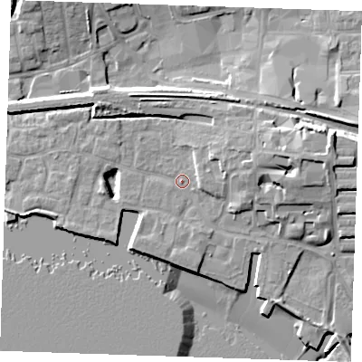 Shaded relief map of the ground around RM176PG, computed from Environment Agency LiDAR. The ground here sits at about 5 m above sea level and falls 15 m across the surrounding 800 m. Surface water reaching this point runs off ground lying to the east, 8.5 m higher.