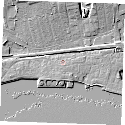 Shaded relief map of the ground around RM176PH, computed from Environment Agency LiDAR. The ground here sits at about 5 m above sea level and falls 12 m across the surrounding 800 m. Surface water reaching this point runs off ground lying to the south-east, 1.8 m higher.