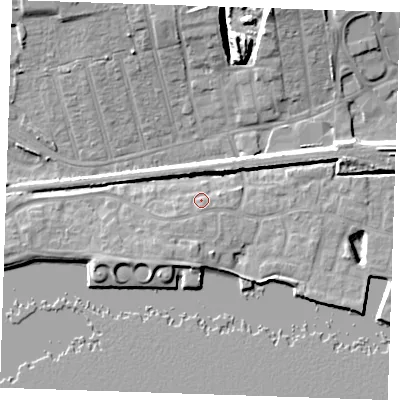Shaded relief map of the ground around RM176PJ, computed from Environment Agency LiDAR. The ground here sits at about 5 m above sea level and falls 12 m across the surrounding 800 m. Surface water reaching this point runs off ground lying to the south-south-west, 4.6 m higher.