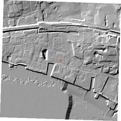 Shaded relief map of the ground around RM176PL, computed from Environment Agency LiDAR. The ground here sits at about 5 m above sea level and falls 15 m across the surrounding 800 m. Surface water reaching this point runs off ground lying to the south-south-west, 1.5 m higher.