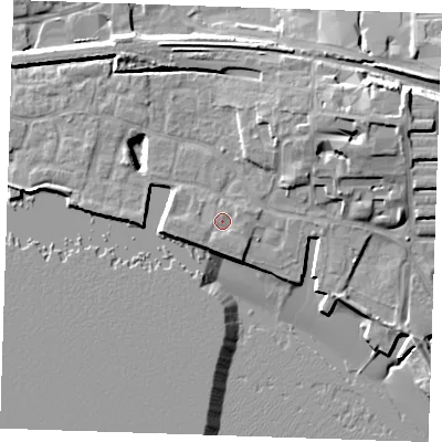 Shaded relief map of the ground around RM176PN, computed from Environment Agency LiDAR. The ground here sits at about 5 m above sea level and falls 15 m across the surrounding 800 m. Surface water reaching this point runs off ground lying to the south-south-west, 0.9 m higher.