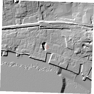 Shaded relief map of the ground around RM176PQ, computed from Environment Agency LiDAR. The ground here sits at about 5 m above sea level and falls 14 m across the surrounding 800 m. Surface water reaching this point runs off ground lying to the west-south-west, 4.9 m higher.
