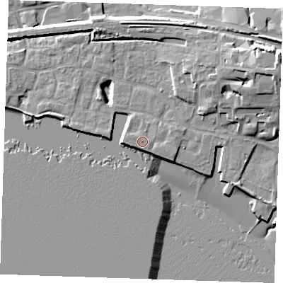 Shaded relief map of the ground around RM176PW, computed from Environment Agency LiDAR. The ground here sits at about 6 m above sea level and falls 15 m across the surrounding 800 m. Surface water reaching this point runs off ground lying to the east-south-east, 1.4 m higher.