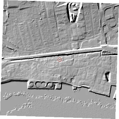 Shaded relief map of the ground around RM176PX, computed from Environment Agency LiDAR. The ground here sits at about 4 m above sea level and falls 12 m across the surrounding 800 m. Surface water reaching this point runs off ground lying to the south-west, 5.7 m higher.