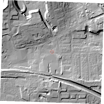 Shaded relief map of the ground around RM176QA, computed from Environment Agency LiDAR. The ground here sits at about 5 m above sea level and falls 23 m across the surrounding 800 m. Surface water reaching this point runs off ground lying to the south-east, 7.2 m higher.