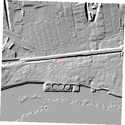 Shaded relief map of the ground around RM176QB, computed from Environment Agency LiDAR. The ground here sits at about 5 m above sea level and falls 12 m across the surrounding 800 m. Surface water reaching this point runs off ground lying to the south, 5.6 m higher.