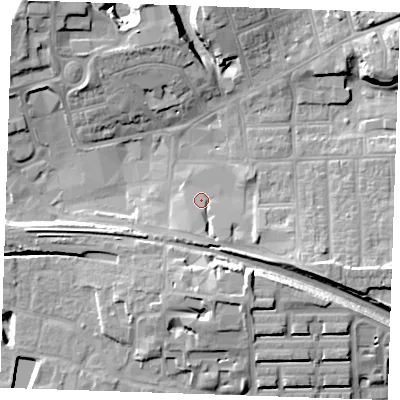 Shaded relief map of the ground around RM176QE, computed from Environment Agency LiDAR. The ground here sits at about 6 m above sea level and falls 16 m across the surrounding 800 m. Surface water reaching this point runs off ground lying to the south, 3.3 m higher.