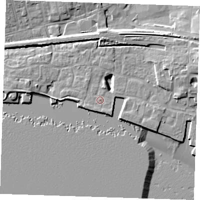 Shaded relief map of the ground around RM176QG, computed from Environment Agency LiDAR. The ground here sits at about 5 m above sea level and falls 11 m across the surrounding 800 m. Surface water reaching this point runs off ground lying to the north-north-east, 1.5 m higher.