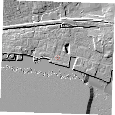 Shaded relief map of the ground around RM176QH, computed from Environment Agency LiDAR. The ground here sits at about 5 m above sea level and falls 10 m across the surrounding 800 m. Surface water reaching this point runs off ground lying to the north-east, 1.5 m higher.