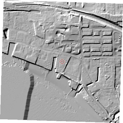 Shaded relief map of the ground around RM176QN, computed from Environment Agency LiDAR. The ground here sits at about 5 m above sea level and falls 16 m across the surrounding 800 m. Surface water reaching this point runs off ground lying to the north-north-west, 0.5 m higher.