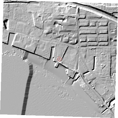 Shaded relief map of the ground around RM176QP, computed from Environment Agency LiDAR. The ground here sits at about 5 m above sea level and falls 16 m across the surrounding 800 m. Surface water reaching this point runs off ground lying to the north, 0.5 m higher.