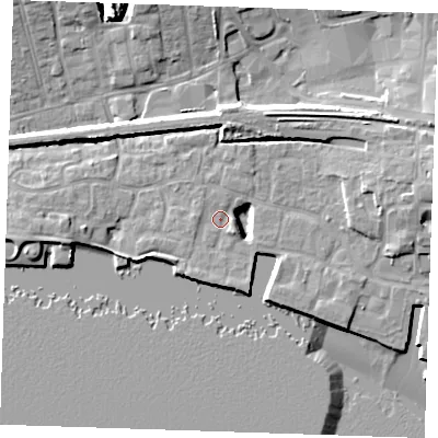 Shaded relief map of the ground around RM176QR, computed from Environment Agency LiDAR. The ground here sits at about 5 m above sea level and falls 14 m across the surrounding 800 m. Surface water reaching this point runs off ground lying to the south-east, 5.1 m higher.