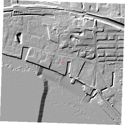Shaded relief map of the ground around RM176QT, computed from Environment Agency LiDAR. The ground here sits at about 5 m above sea level and falls 15 m across the surrounding 800 m. Surface water reaching this point runs off ground lying to the west-south-west, 1.6 m higher.