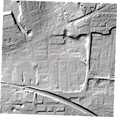 Shaded relief map of the ground around RM176RA, computed from Environment Agency LiDAR. The ground here sits at about 6 m above sea level and falls 24 m across the surrounding 800 m. Surface water reaching this point runs off ground lying to the south, 6.2 m higher.