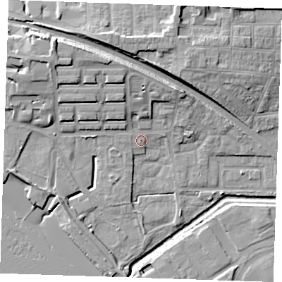 Shaded relief map of the ground around RM176RJ, computed from Environment Agency LiDAR. The ground here sits at about 3 m above sea level and falls 16 m across the surrounding 800 m. Surface water reaching this point runs off ground lying to the north-north-west, 9.7 m higher.