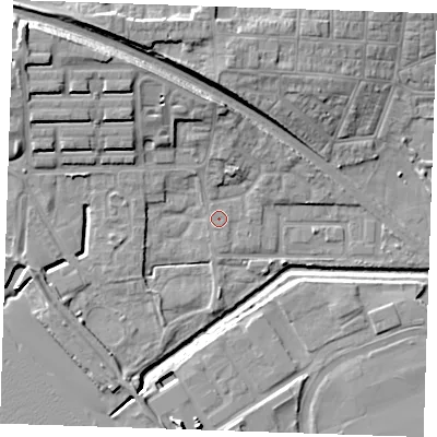 Shaded relief map of the ground around RM176RN, computed from Environment Agency LiDAR. The ground here sits at about 2 m above sea level and falls 16 m across the surrounding 800 m. The ground contributing surface water to this point lies to the north-north-west.