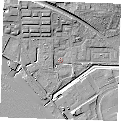 Shaded relief map of the ground around RM176RP, computed from Environment Agency LiDAR. The ground here sits at about 2 m above sea level and falls 15 m across the surrounding 800 m. Surface water reaching this point runs off ground lying to the west, 3.2 m higher.