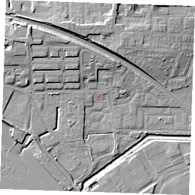 Shaded relief map of the ground around RM176RR, computed from Environment Agency LiDAR. The ground here sits at about 3 m above sea level and falls 16 m across the surrounding 800 m. Surface water reaching this point runs off ground lying to the north-north-west, 10.2 m higher.