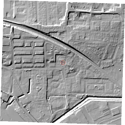 Shaded relief map of the ground around RM176RS, computed from Environment Agency LiDAR. The ground here sits at about 4 m above sea level and falls 16 m across the surrounding 800 m. Surface water reaching this point runs off ground lying to the north-north-east, 4.7 m higher.