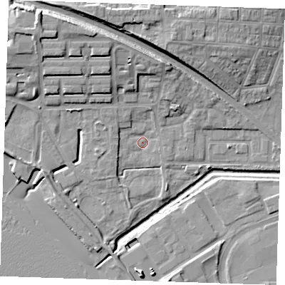 Shaded relief map of the ground around RM176RW, computed from Environment Agency LiDAR. The ground here sits at about 1 m above sea level and falls 16 m across the surrounding 800 m. Surface water reaching this point runs off ground lying to the north-north-west, 11.5 m higher.