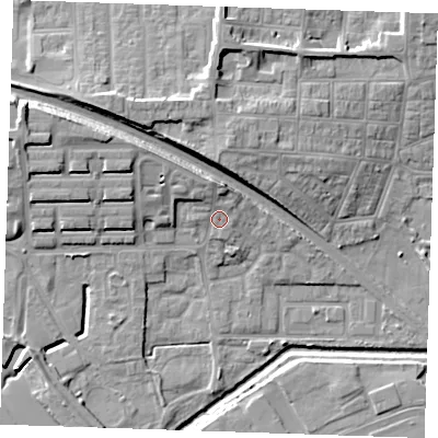 Shaded relief map of the ground around RM176RY, computed from Environment Agency LiDAR. The ground here sits at about 5 m above sea level and falls 16 m across the surrounding 800 m. Surface water reaching this point runs off ground lying to the north, 4.3 m higher.