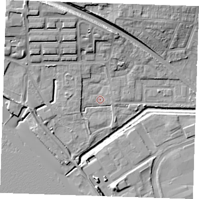 Shaded relief map of the ground around RM176RZ, computed from Environment Agency LiDAR. The ground here sits at about 1 m above sea level and falls 15 m across the surrounding 800 m. Surface water reaching this point runs off ground lying to the north-north-west, 11.5 m higher.