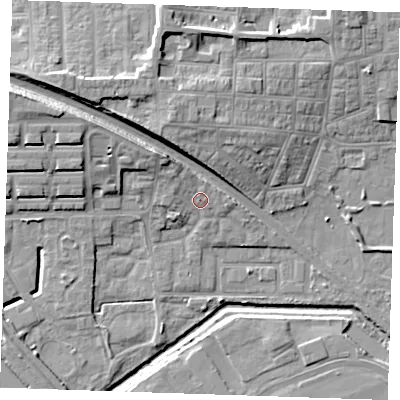 Shaded relief map of the ground around RM176SB, computed from Environment Agency LiDAR. The ground here sits at about 4 m above sea level and falls 14 m across the surrounding 800 m. Surface water reaching this point runs off ground lying to the north-west, 4.9 m higher.