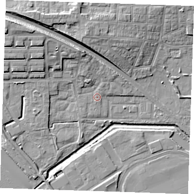 Shaded relief map of the ground around RM176SD, computed from Environment Agency LiDAR. The ground here sits at about 2 m above sea level and falls 14 m across the surrounding 800 m. Surface water reaching this point runs off ground lying to the north-north-west, 7.1 m higher.