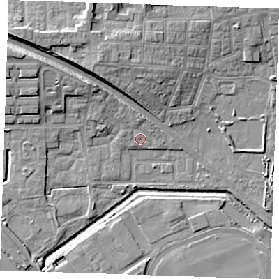 Shaded relief map of the ground around RM176SE, computed from Environment Agency LiDAR. The ground here sits at about 3 m above sea level and falls 13 m across the surrounding 800 m. Surface water reaching this point runs off ground lying to the north-north-west, 2.1 m higher.