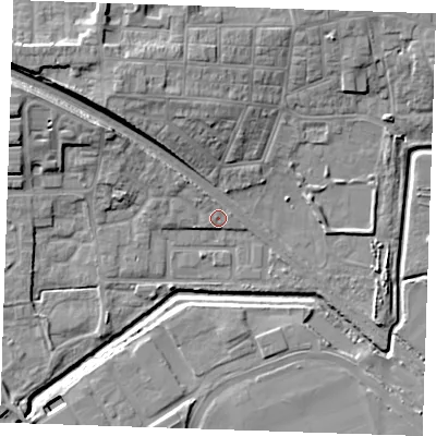 Shaded relief map of the ground around RM176SF, computed from Environment Agency LiDAR. The ground here sits at about 2 m above sea level and falls 13 m across the surrounding 800 m. Surface water reaching this point runs off ground lying to the north-west, 9.4 m higher.