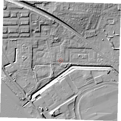 Shaded relief map of the ground around RM176SG, computed from Environment Agency LiDAR. The ground here sits at about 2 m above sea level and falls 14 m across the surrounding 800 m. Surface water reaching this point runs off ground lying to the north-north-west, 7.6 m higher.