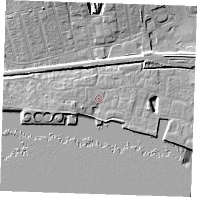 Shaded relief map of the ground around RM176SZ, computed from Environment Agency LiDAR. The ground here sits at about 5 m above sea level and falls 13 m across the surrounding 800 m. Surface water reaching this point runs off ground lying to the west-south-west, 4.0 m higher.